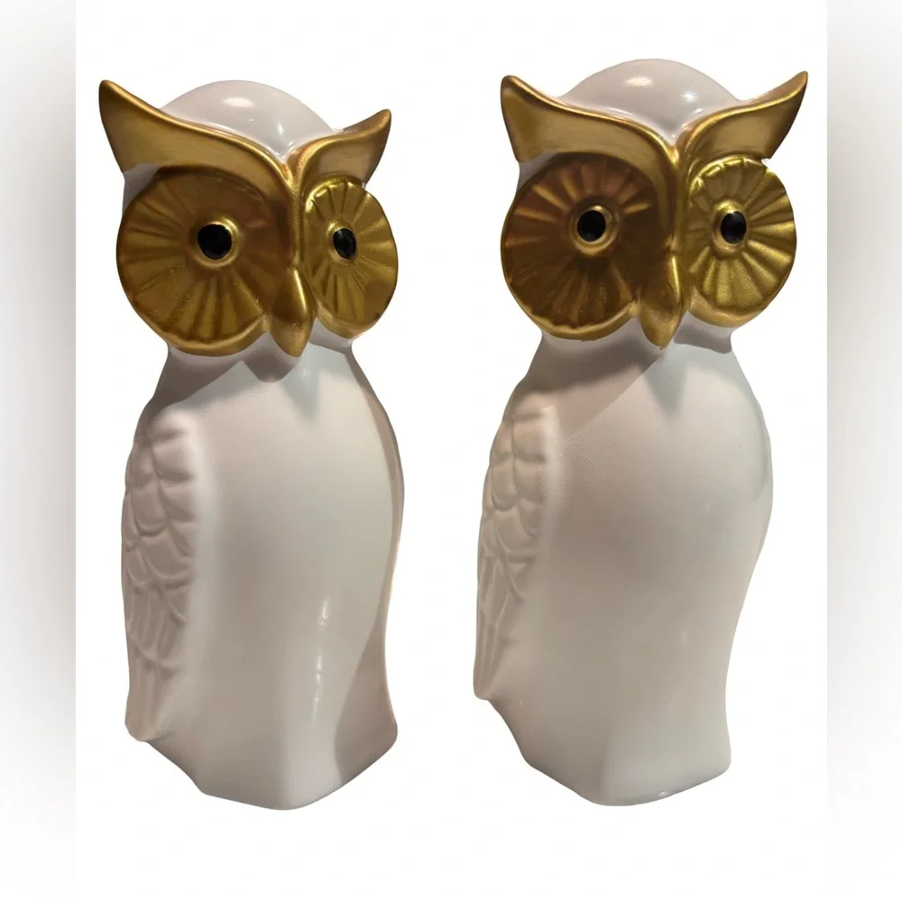 Pier 1 Set Of Elegant Gold and White Ceramic Owl Figurines